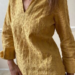 Vintage yellow mustard embroidered eyelet blouse linen S